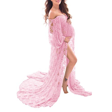 Saslax Soft Stretchy Lace Maternity Dress for Photoshoot Doubly Split A-line Skirt Off Shoulder Preg...