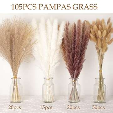 105PCS Pampas Grass Boho Home Decor - Moraway Fall Floral Arrangement - Natural Dried Flower for Wed...