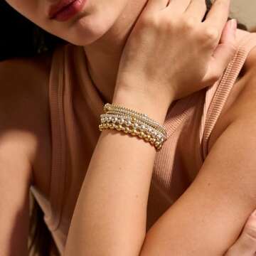 koperin Trendy 14K Gold/Silver Plated Stretch Bead Bracelets - Dainty Stack Bracelet 6.5In for Women
