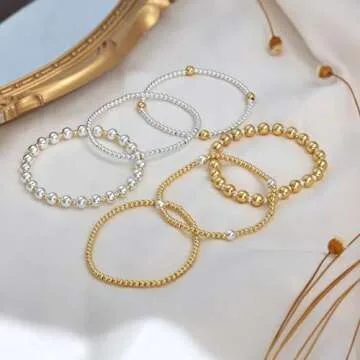 koperin Trendy 14K Gold/Silver Plated Stretch Bead Bracelets - Dainty Stack Bracelet 6.5In for Women