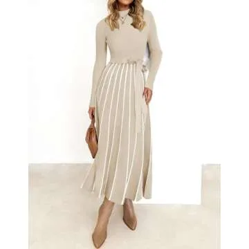 ZESICA Womens Spring Turtleneck Long Sleeve Sweater Dress Tie Waist Casual Loose Ribbed Knit A Line ...