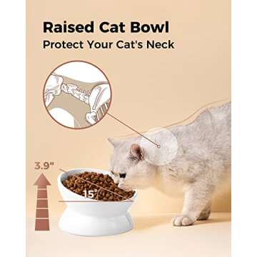 LoeJan Elevated Cat Food Bowl, 5 Oz Ceramic Raised and Tilted Water Bowl, Anti Vomiting and Protect Pets' Spines Dishes for Small Dog, Fat Faced Cat, Kitten (White, 1 Pack)