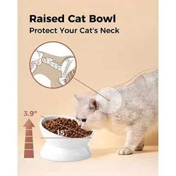 LoeJan Elevated Cat Food Bowl, 5 Oz Ceramic Raised and Tilted Water Bowl, Anti Vomiting and Protect Pets' Spines Dishes for Small Dog, Fat Faced Cat, Kitten (White, 1 Pack)
