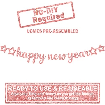 KatchOn, Big Rose Gold Happy New Year Banners - Pre-Strung, 10 Feet | Happy New Year 2025 Banner, Rose Gold Happy New Year Decorations | New Years Eve Party Supplies 2025 | Pink New Years Decorations