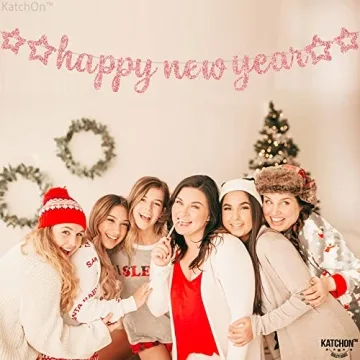 KatchOn, Big Rose Gold Happy New Year Banners - Pre-Strung, 10 Feet | Happy New Year 2025 Banner, Rose Gold Happy New Year Decorations | New Years Eve Party Supplies 2025 | Pink New Years Decorations