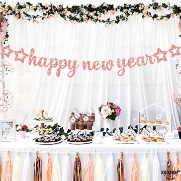 KatchOn, Big Rose Gold Happy New Year Banners - Pre-Strung, 10 Feet | Happy New Year 2025 Banner, Rose Gold Happy New Year Decorations | New Years Eve Party Supplies 2025 | Pink New Years Decorations