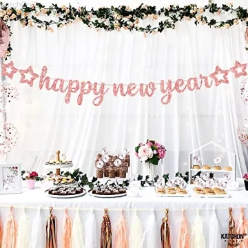 KatchOn, Big Rose Gold Happy New Year Banners - Pre-Strung, 10 Feet | Happy New Year 2025 Banner, Rose Gold Happy New Year Decorations | New Years Eve Party Supplies 2025 | Pink New Years Decorations