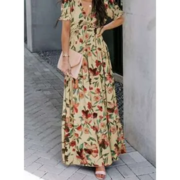 BLENCOT Women's Casual Boho Floral Printed Deep V Neck Loose Short Sleeve Long Evening Dress Ruched Cocktail Party Maxi Wedding Dress Apricot Medium