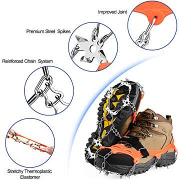 LECEVOCY Crampons, Ice Cleats for Shoes and Boots, 19 Spikes Stainless Steel Snow Cleats, Boots for Hiking On Ice & Snow Ground, Mountain,Orange,M