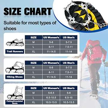 LECEVOCY Crampons, Ice Cleats for Shoes and Boots, 19 Spikes Stainless Steel Snow Cleats, Boots for Hiking On Ice & Snow Ground, Mountain,Orange,M