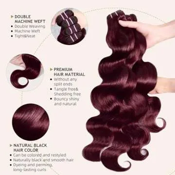 Human Hair Bundles 4 Bundles 16 18 20 22 Inch Hair Extensions Dark Burgundy Body Wave Bundles Human Hair 100% Unprocessed Brazilian Virgin Hair Quick Weave Bundles Human Hair 99J