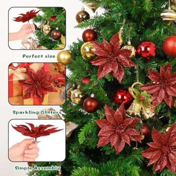 24 Pcs Red Poinsettia Christmas Tree Decorations, 24 Pcs Artificial Poinsettia Flowers and Christmas Picks Glitter Berry Stem, Christmas Tree Ornaments for Christmas Tree Topper, Filler, Wreath