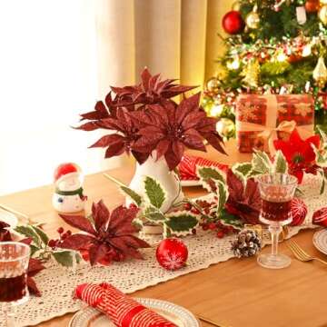 24 Pcs Red Poinsettia Christmas Tree Decorations, 24 Pcs Artificial Poinsettia Flowers and Christmas Picks Glitter Berry Stem, Christmas Tree Ornaments for Christmas Tree Topper, Filler, Wreath