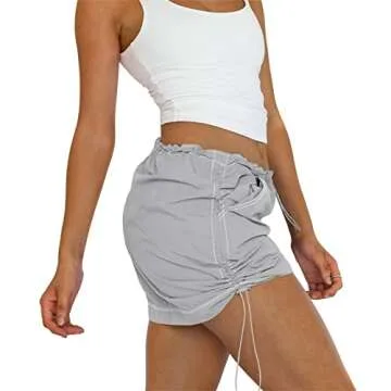 Womens Cargo Mini Skirt Y2K - Casual Summer High Waisted Bodycon Pencil Ruched Skirts Side Drawstring and Pockets Gray S