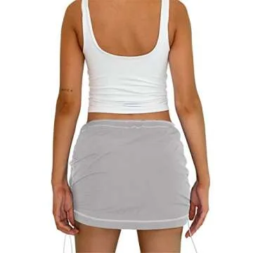 Womens Cargo Mini Skirt Y2K - Casual Summer High Waisted Bodycon Pencil Ruched Skirts Side Drawstring and Pockets Gray S