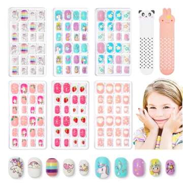 Modelones Press on Nails for Kids 144Pcs 6 Pack Children Acrylic Fake Nails Pre-glue Full Cover Glit...