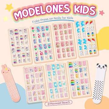 Modelones Press on Nails for Kids 144Pcs 6 Pack Children Acrylic Fake Nails Pre-glue Full Cover Glitter Gradient Color Starts Unicorn Short False Nail Art Kits Sets Christmas Gifts for Kids Girls