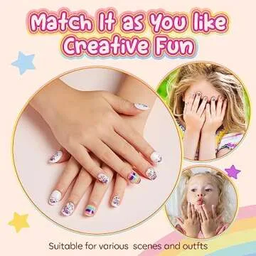 Modelones Press on Nails for Kids 144Pcs 6 Pack Children Acrylic Fake Nails Pre-glue Full Cover Glitter Gradient Color Starts Unicorn Short False Nail Art Kits Sets Christmas Gifts for Kids Girls