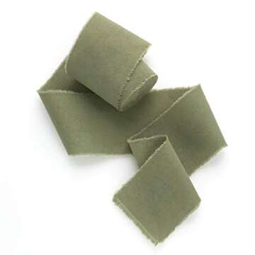 Olive green 1 inch wide 5 yds frayed edges handmade cotton ribbon hand dyed for Rustic wedding invitation ties favors gift wrapping Party decor bows Florist Bouquet supplies Flat lay props