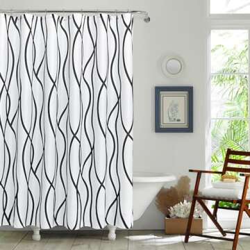 Biscaynebay Extra Long Textured Fabric Shower Curtain 72 W x 84 L, Black Printed Striped Linen Moder...