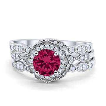 Blue Apple Co. Hao Three Piece Wedding Engagement Bridal Set Art Deco Ring Band Solid Simulated Ruby...