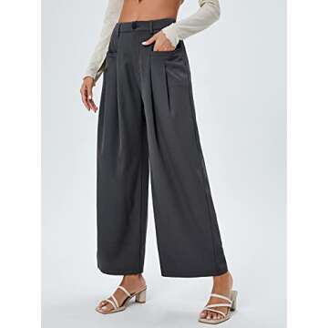 SweatyRocks Women's Casual Wide Leg High Waisted Button Down Straight Long Trousers Pants Solid Grey L