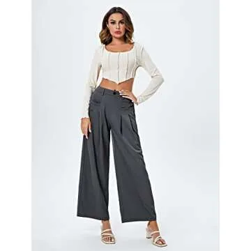 SweatyRocks Women's Casual Wide Leg High Waisted Button Down Straight Long Trousers Pants Solid Grey L