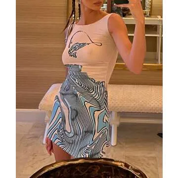 Argeousgor Women Y2k Tie Dye Tank Dress Sleeveless Bodycon Long Dresses Printed Slim Fit Short Dress Trendy Summer Sundress A-White