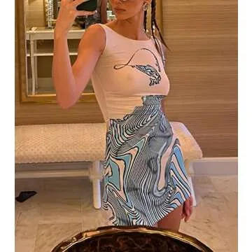 Argeousgor Women Y2k Tie Dye Tank Dress Sleeveless Bodycon Long Dresses Printed Slim Fit Short Dress Trendy Summer Sundress A-White