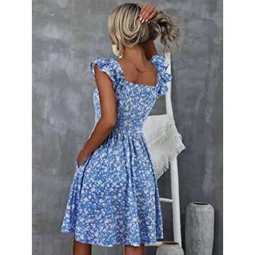 Loemes Sun Dresses Women Summer Casual 2023 Floral Light Blue Flowy Knee Length Wedding Guest Dresses for Women Small Blue Floral