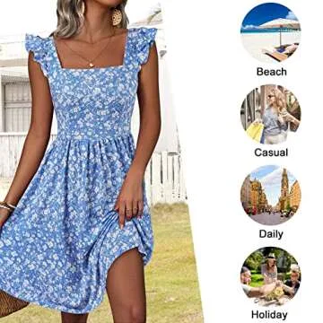 Loemes Sun Dresses Women Summer Casual 2023 Floral Light Blue Flowy Knee Length Wedding Guest Dresses for Women Small Blue Floral