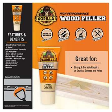 Gorilla All Purpose Wood Filler, Natural Color, 6 Ounce Tube (Pack of 1) - Water Resistant for Indoor or Outdoor Projects and Repairs