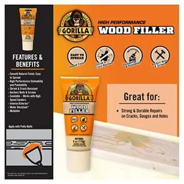 Gorilla All Purpose Wood Filler, Natural Color, 6 Ounce Tube (Pack of 1) - Water Resistant for Indoor or Outdoor Projects and Repairs