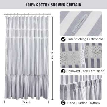 Eastern 100% Cotton Gray Farmhouse Shower Curtain with Lace Trim, Shabby Chic Shower Curtains for Ba...