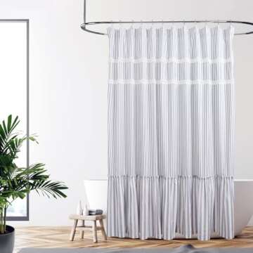 Eastern 100% Cotton Gray Farmhouse Shower Curtain with Lace Trim, Shabby Chic Shower Curtains for Bathroom, Country Cottage Ruffled Fabric Shower Curtain Washable 72 x 72