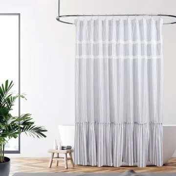 Eastern 100% Cotton Gray Farmhouse Shower Curtain with Lace Trim, Shabby Chic Shower Curtains for Bathroom, Country Cottage Ruffled Fabric Shower Curtain Washable 72 x 72