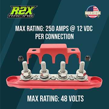 4 Post Power Distribution Block Bus Bar with Cover - Made in The USA - 250 Amp Rating - Marine, Automotive, and Solar Wiring (5/16" - Red)