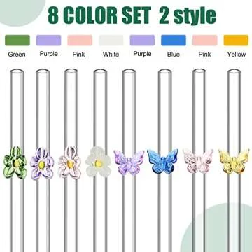 8 Pcs Reusable Glass Straws with Flower Butterfly Glass Clear Shatter Resistant Bent Colorful Floral Cute Reusable Straws with 2 Pcs Brush for Party Drink Cocktail