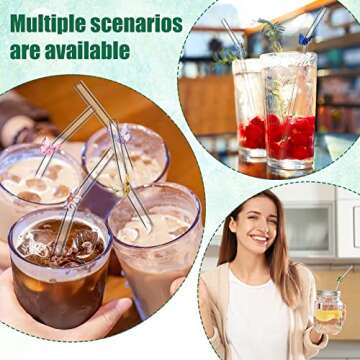 8 Pcs Reusable Glass Straws with Flower Butterfly Glass Clear Shatter Resistant Bent Colorful Floral Cute Reusable Straws with 2 Pcs Brush for Party Drink Cocktail