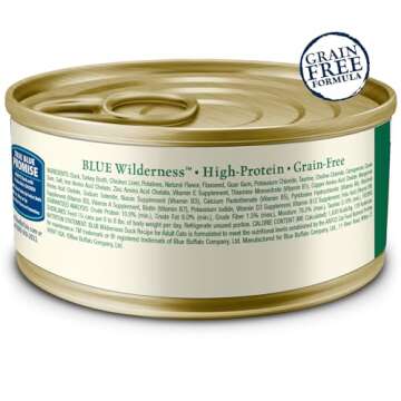 Blue Buffalo Wilderness Natural High-Protein Grain-Free Wet Food for Adult Cats, Duck Paté, 3-oz. C...