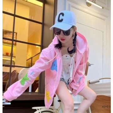 OATSBAS Y2K Cute Zip Up Hoodies for Women Star Patchwork Oversized Hooded Top Teen Girls Aesthetic Sweatshirt (A-Pink,Small,Small)