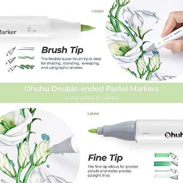 Ohuhu Pastel Alcohol Brush Markers - 48 New Pastel Colors - Blossoming - Alcohol Based Double Tipped Art Alcohol Markers for Artist Adults' Coloring Illustration - Brush & Fine Dual Tips - Honolulu B