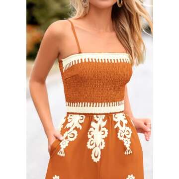 PRETTYGARDEN Women's Summer Boho Jumpsuits One Piece Beach Vacation Outfits Spaghetti Strap Wide Leg Pants Rompers (Brick Red,X-Large)