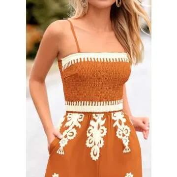 PRETTYGARDEN Women's Summer Boho Jumpsuits One Piece Beach Vacation Outfits Spaghetti Strap Wide Leg Pants Rompers (Brick Red,X-Large)