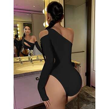 Floerns Women's Cut Out Asymmetrical Neck Long Sleeve T Shirt Bodysuit Tops Black XS