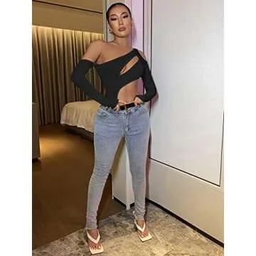 Floerns Women's Cut Out Asymmetrical Neck Long Sleeve T Shirt Bodysuit Tops Black XS