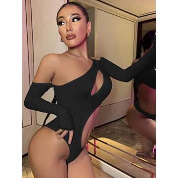 Floerns Women's Cut Out Asymmetrical Neck Long Sleeve T Shirt Bodysuit Tops Black XS