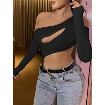 Floerns Women's Cut Out Asymmetrical Neck Long Sleeve T Shirt Bodysuit Tops Black XS