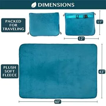 PAVILIA Travel Blanket Pillow, Soft Airplane Blanket 2-IN-1 Combo Set, Plane Blanket Compact Packable, Flight Essentials Car Pillow, Travelers Gifts Accessories Luggage Backpack Strap, 60x43 Teal Blue