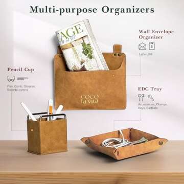 COCO la Vita Leather Office Desktop Jewelry Trays. Wall File Organizer Decorative Holder Basket for Entryway Table. Perfect for Jewelry Watch Keys Wallet Coins Cell Phones and Office Equipment (Set C)